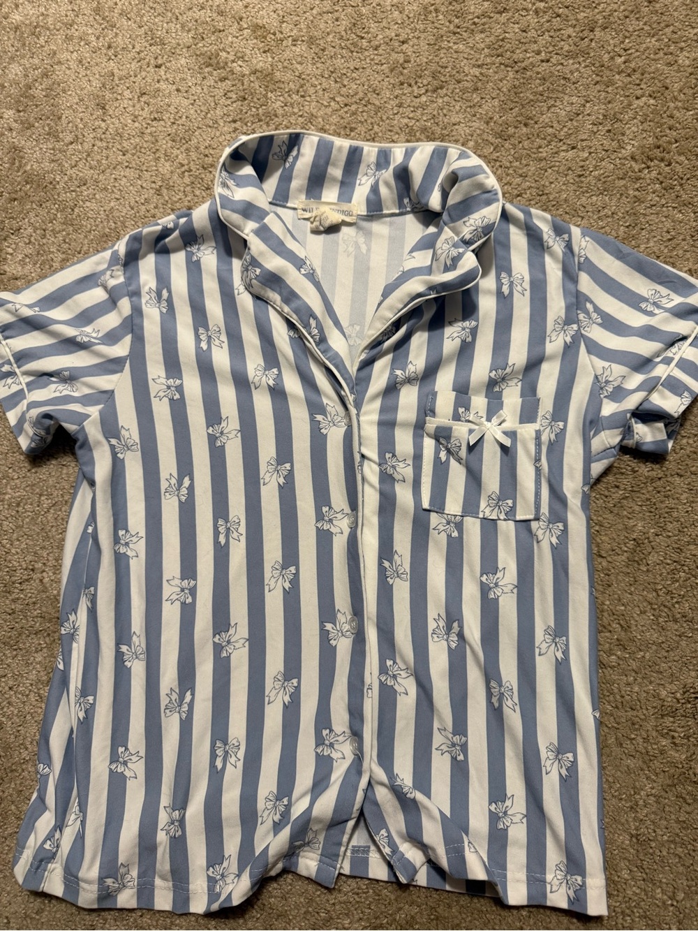 Striped Blue & White Women’s Short-Sleeve Pajama Top with Pocket Bow